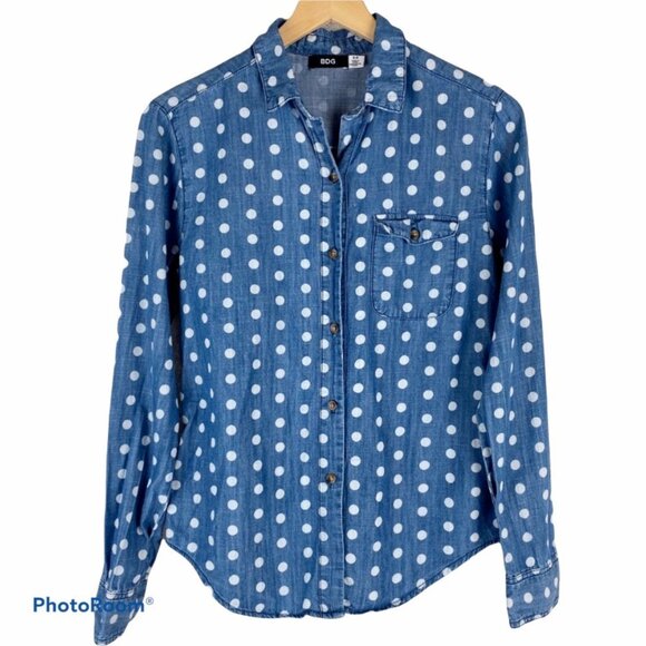 BDG URBAN OUTFITTERS Long-Sleeve Chambray Polka Dot Button-Down Shirt Small - Picture 2 of 9